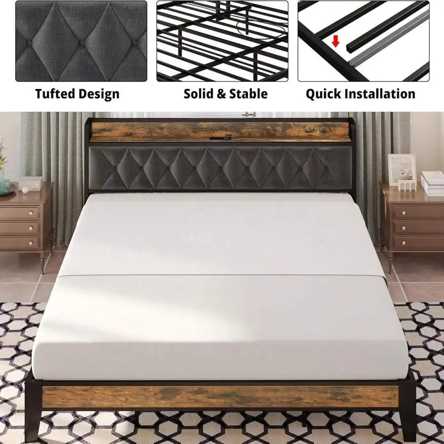 Platform Bed Frame with Storage Headboard and Outlets