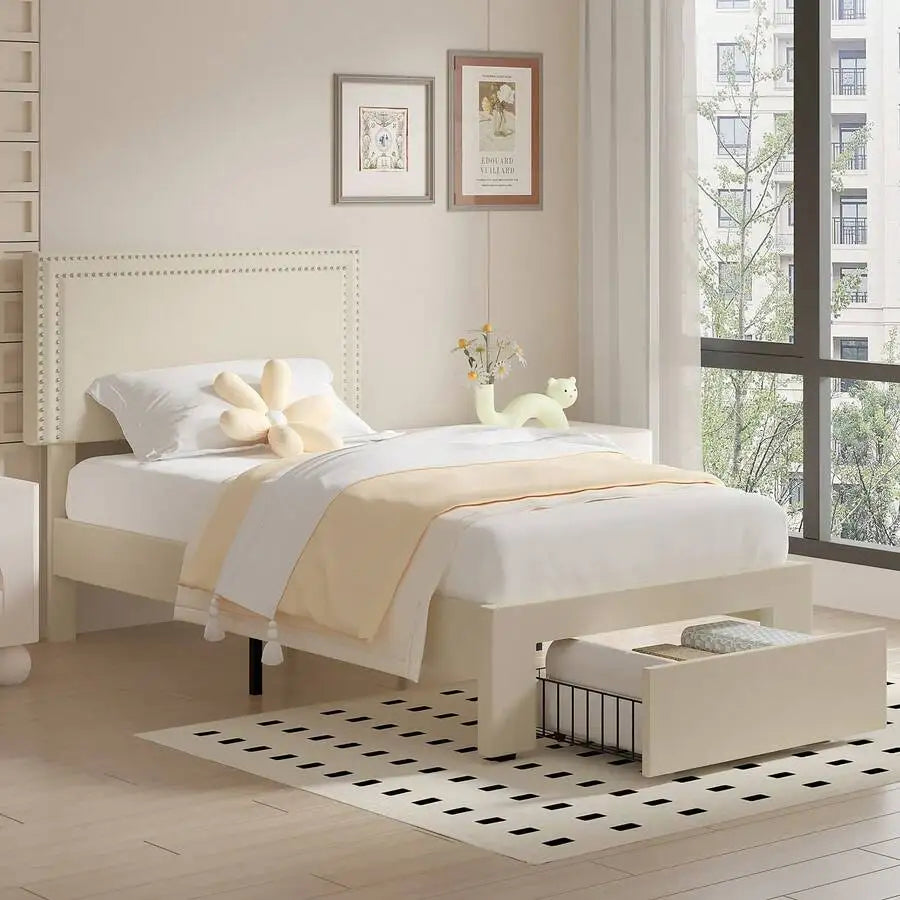Velvet Upholstered Bed Frame with 4 Storage Drawers