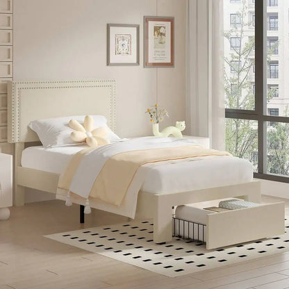 Velvet Upholstered Bed Frame with 4 Storage Drawers