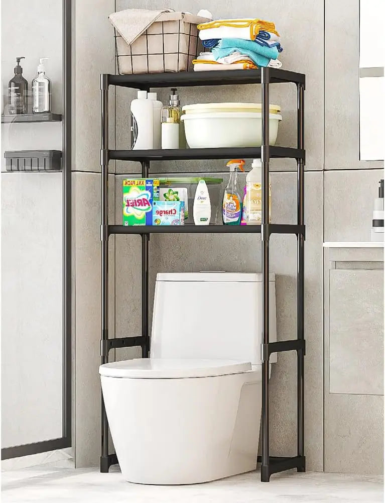 3 Tier Over the Toilet Shelf, Freestanding Bathroom Shelves | Over Toilet Bathroom Organizer Storage Rack, Space Saver Freestanding Shelf for Restroom Laundry Balcony Room, Black