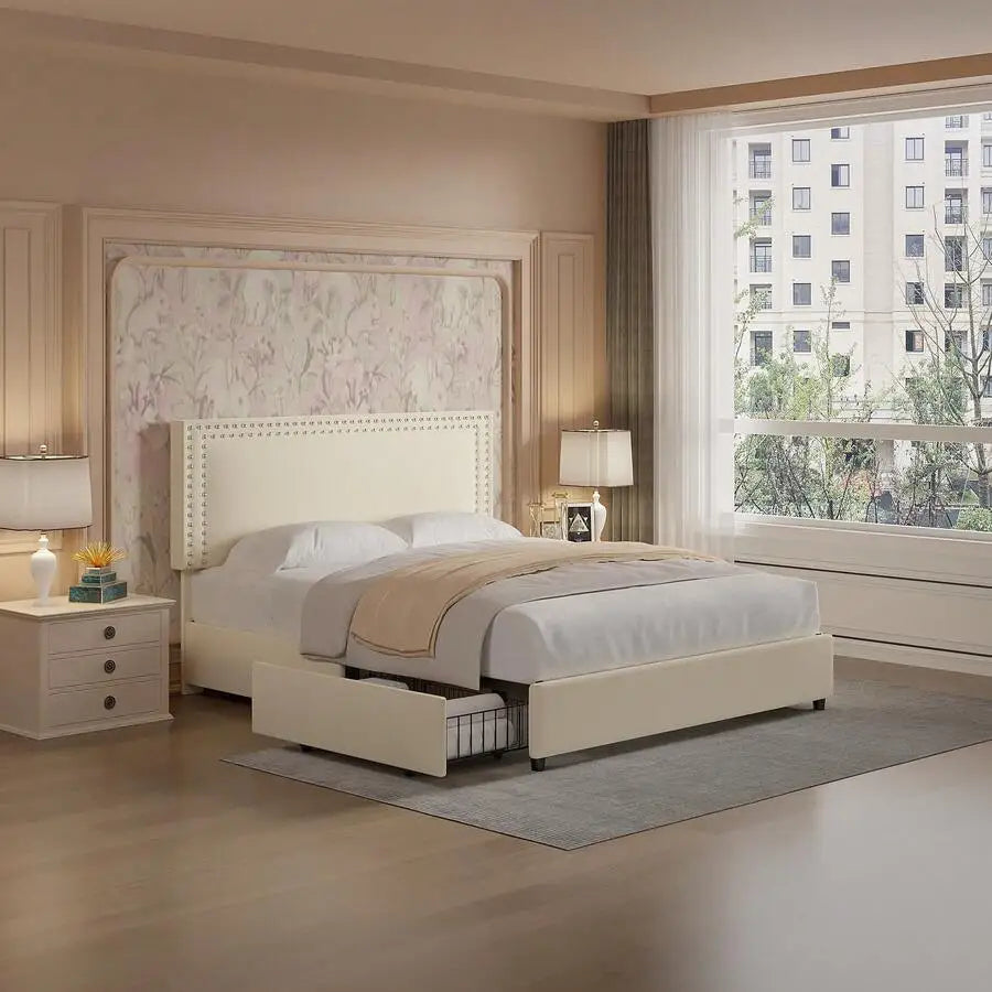 Velvet Upholstered Bed Frame with 4 Storage Drawers