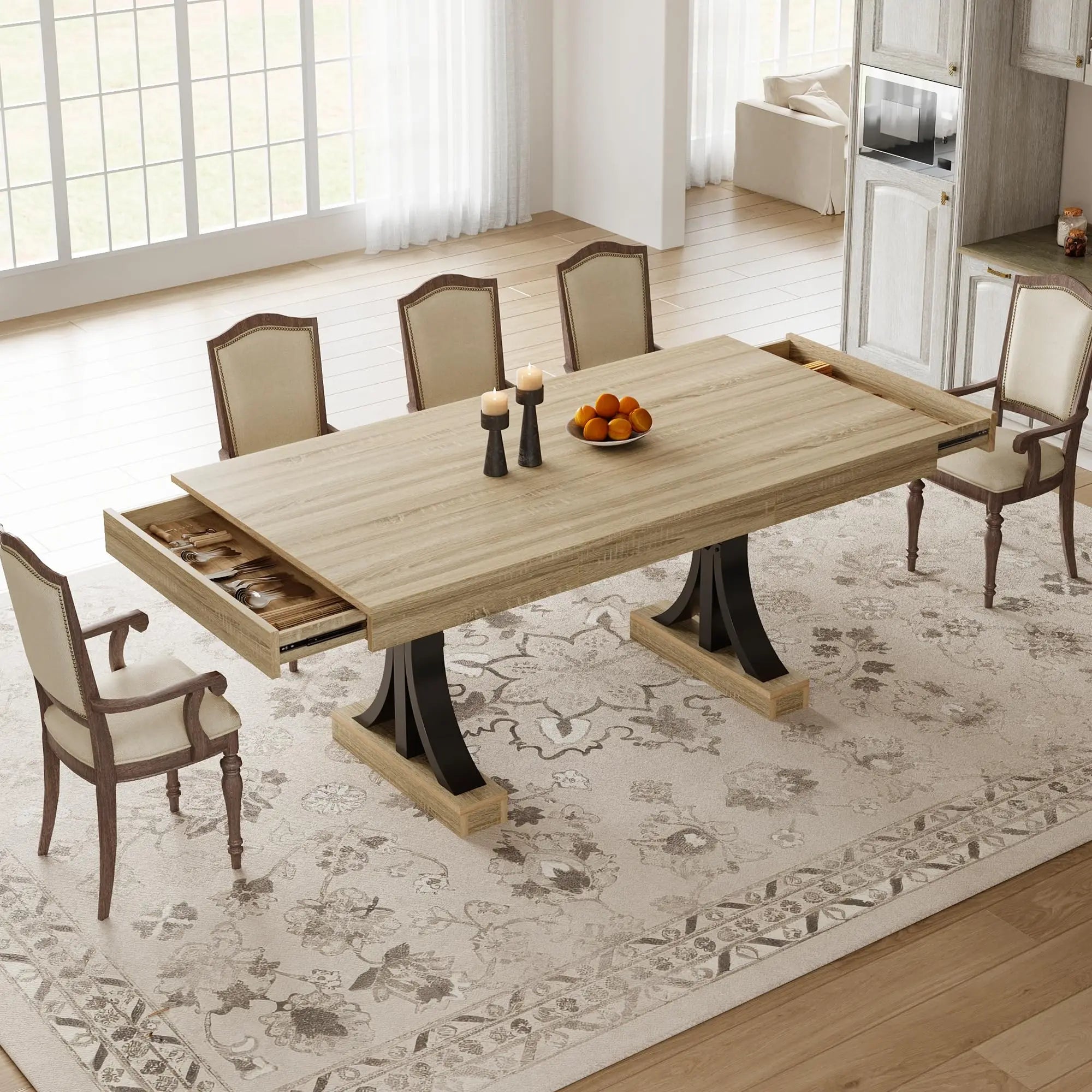 71 Inch Dining Table For 6-8 With 2 Drawers, Industrial Rectangular Wooden Kitchen Table, Double Pedestal Base For Home Office