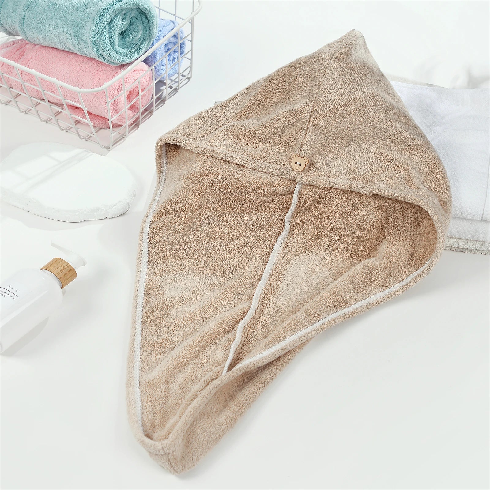 4 pieces set of colorful quick drying hair towels, soft and comfortable, super water absorption, end button desi