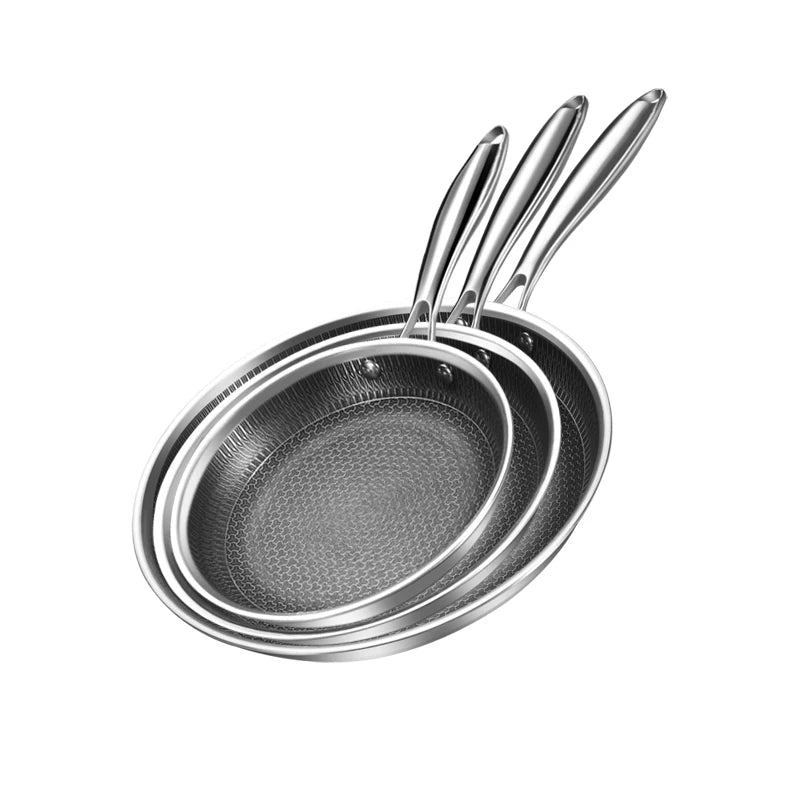 3-Piece Set of 304 Stainless Steel Frying Pans for Home Use, Non-Stick Frying Pans in Multiple Sizes (20cm, 24cm, 28cm), Suitable for Gas and Induction Cookers, for Frying Eggs, Pancakes, and Steaks