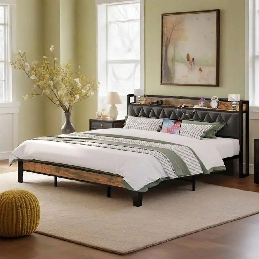 Platform Bed Frame with Storage Headboard and Outlets