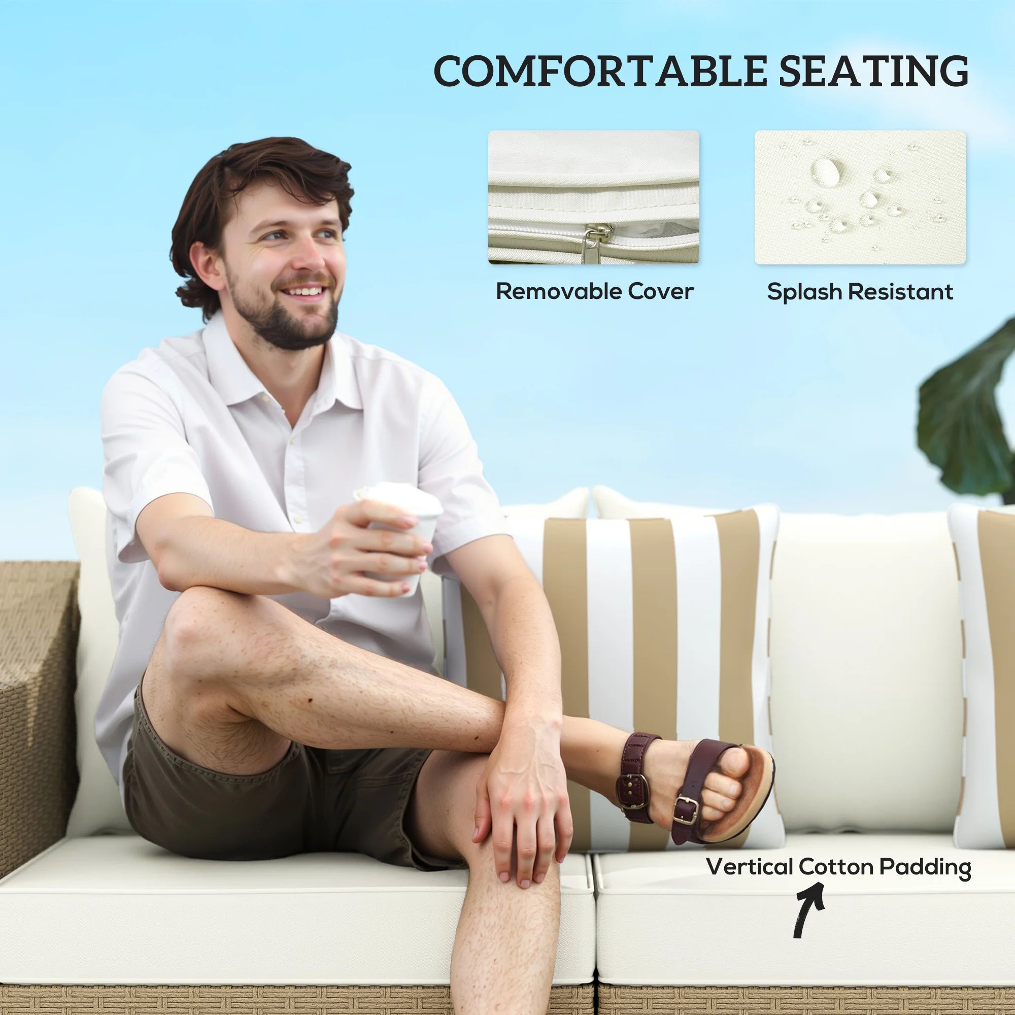 3 Seater Patio Wicker Sofa, Outdoor Furniture Rattan Couch with Cushions, Throw Pillows, for Garden, Backyard, Porch, Cream White