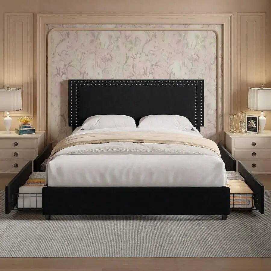 Velvet Upholstered Bed Frame with 4 Storage Drawers
