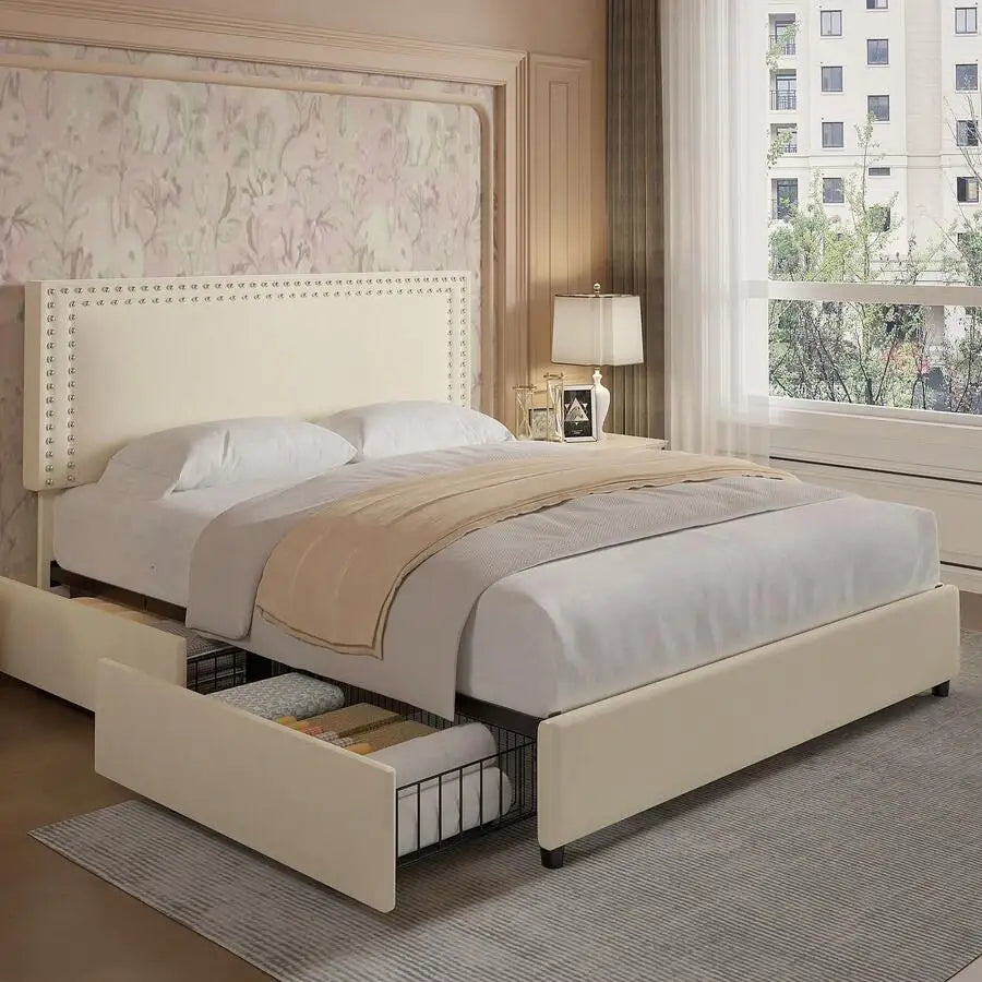 Velvet Upholstered Bed Frame with 4 Storage Drawers