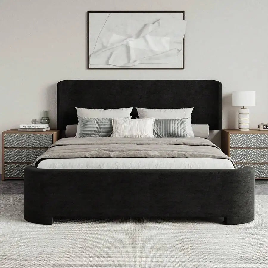 Velvet Wingback Upholstered Platform Bed