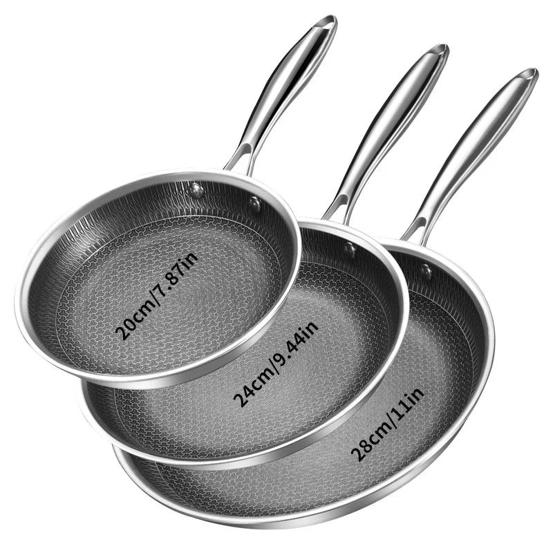 3-Piece Set of 304 Stainless Steel Frying Pans for Home Use, Non-Stick Frying Pans in Multiple Sizes (20cm, 24cm, 28cm), Suitable for Gas and Induction Cookers, for Frying Eggs, Pancakes, and Steaks