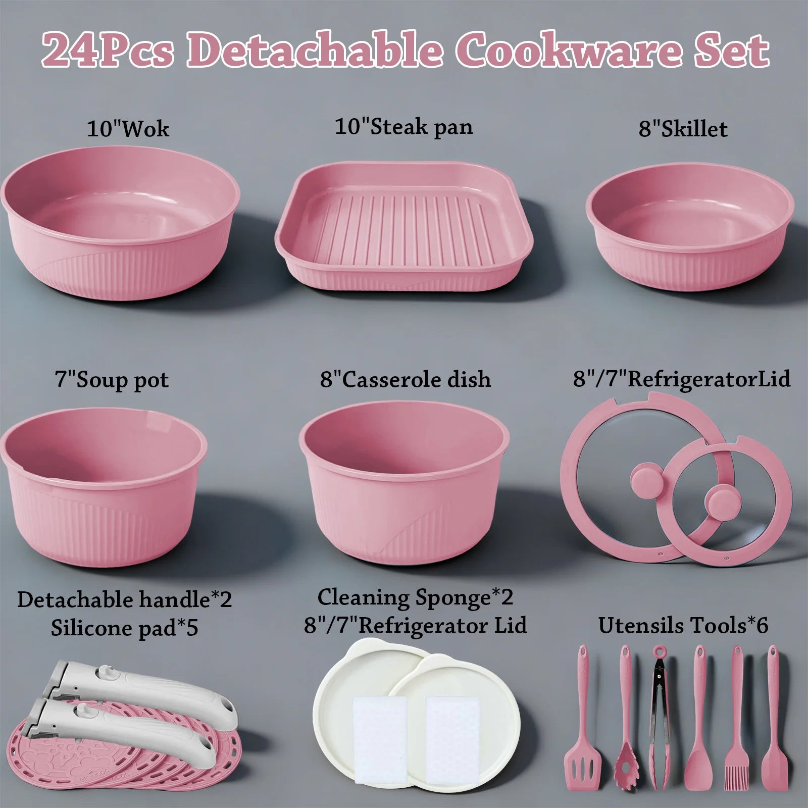 24-Piece Nonstick Cookware Set, Induction-Compatible Kitchen Cookware Set, Includes Frying Pan/Skillet/Soup Pot/Steak Pan, Removable Handles, Kitchen Set for Home and RV Use, Stackable Kitchen Accessories, Easy to Clean, Avai