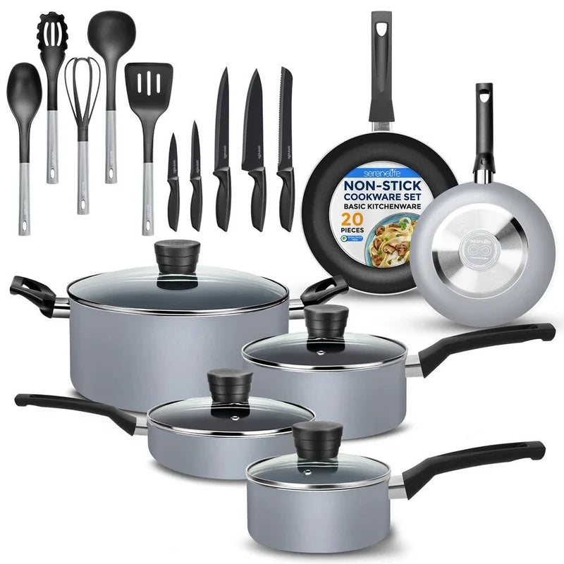 20-piece kitchenware pot and pan set - black with non-stick coating, interior gray
