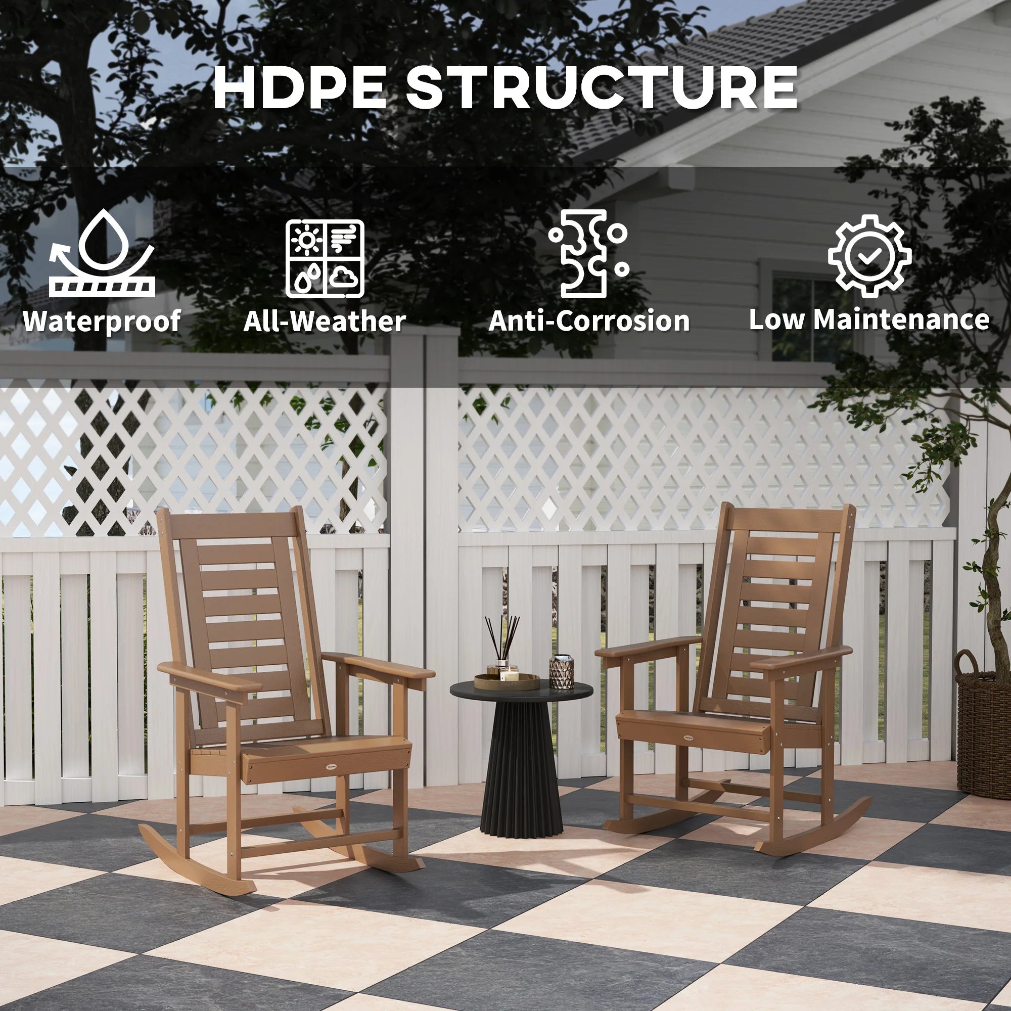 2 Outdoor Rocking Chairs, HDPE High Back Patio Rockers, Brown