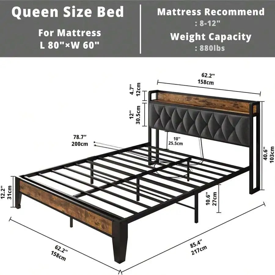 Platform Bed Frame with Storage Headboard and Outlets