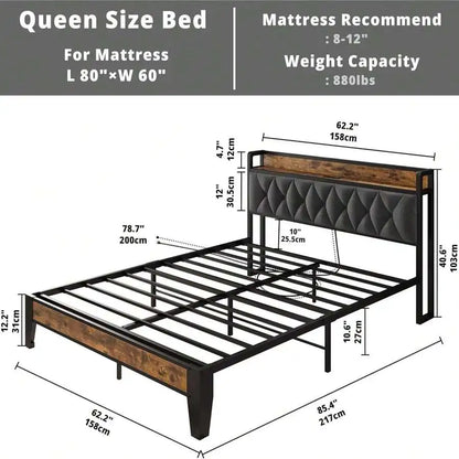 Platform Bed Frame with Storage Headboard and Outlets