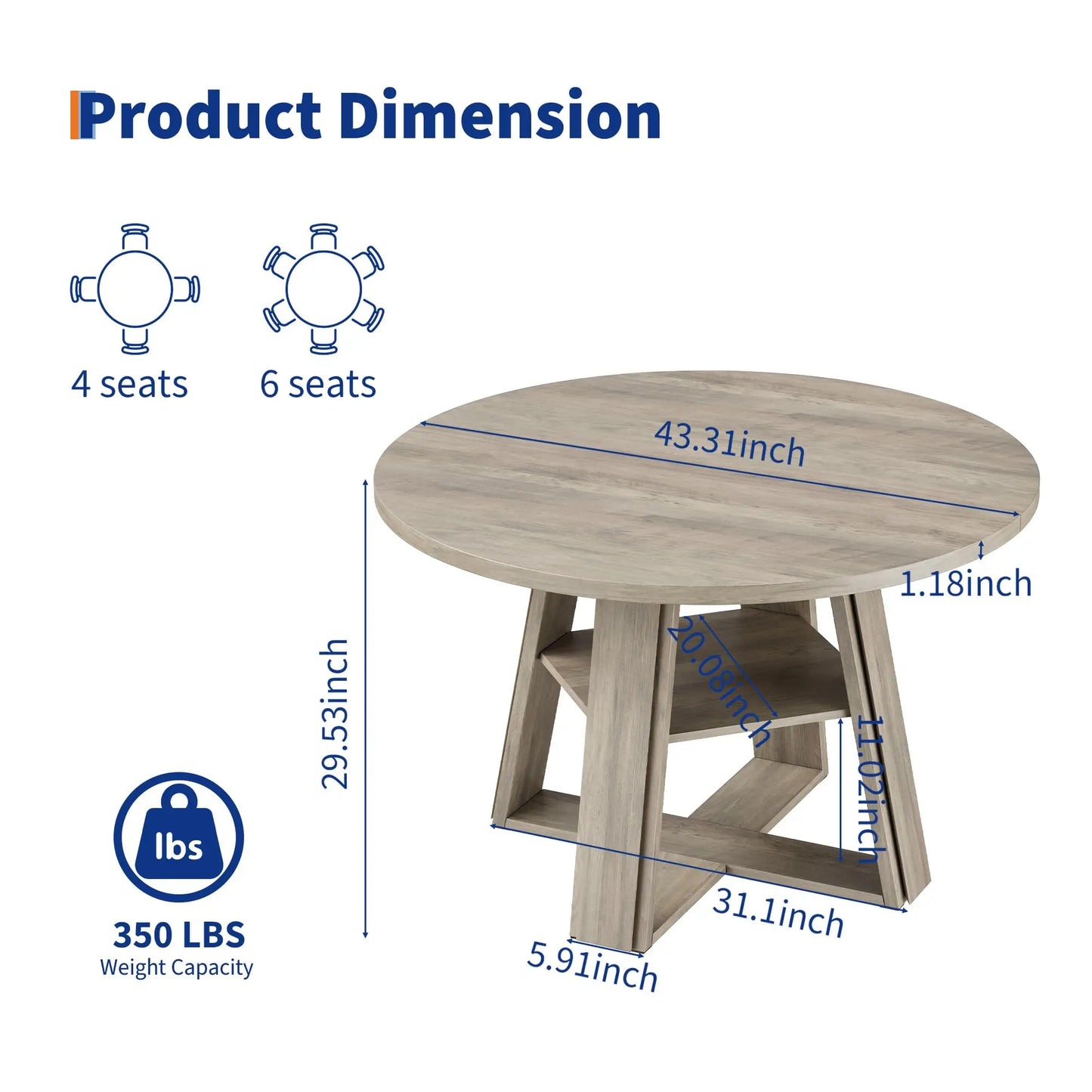 43-Inch Farmhouse Round Dining Table