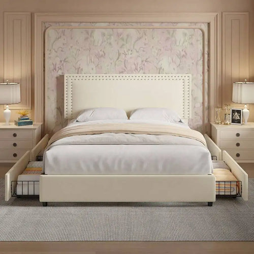 Velvet Upholstered Bed Frame with 4 Storage Drawers