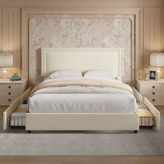 Velvet Upholstered Bed Frame with 4 Storage Drawers