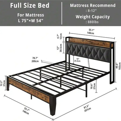 Platform Bed Frame with Storage Headboard and Outlets