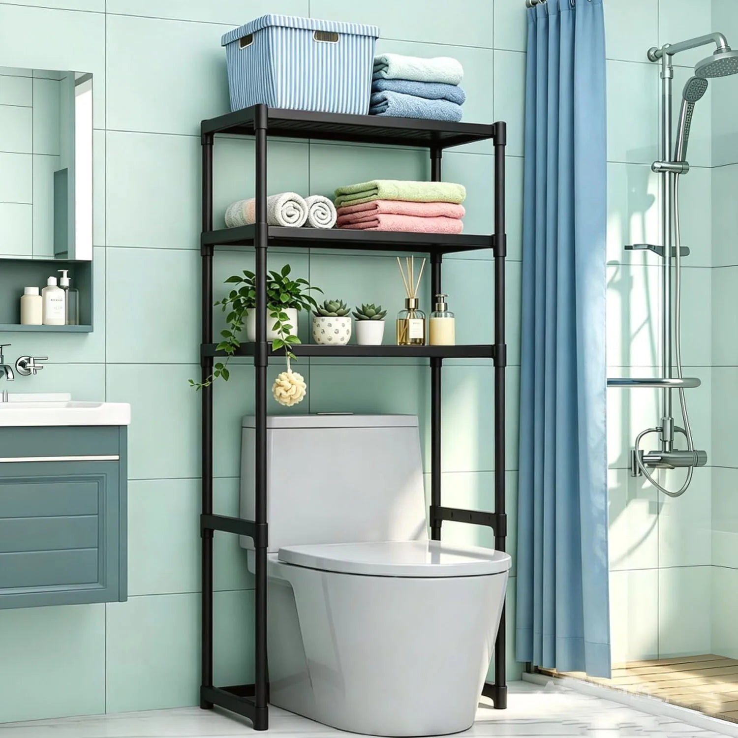 3 Tier Over the Toilet Shelf, Freestanding Bathroom Shelves | Over Toilet Bathroom Organizer Storage Rack, Space Saver Freestanding Shelf for Restroom Laundry Balcony Room, Black