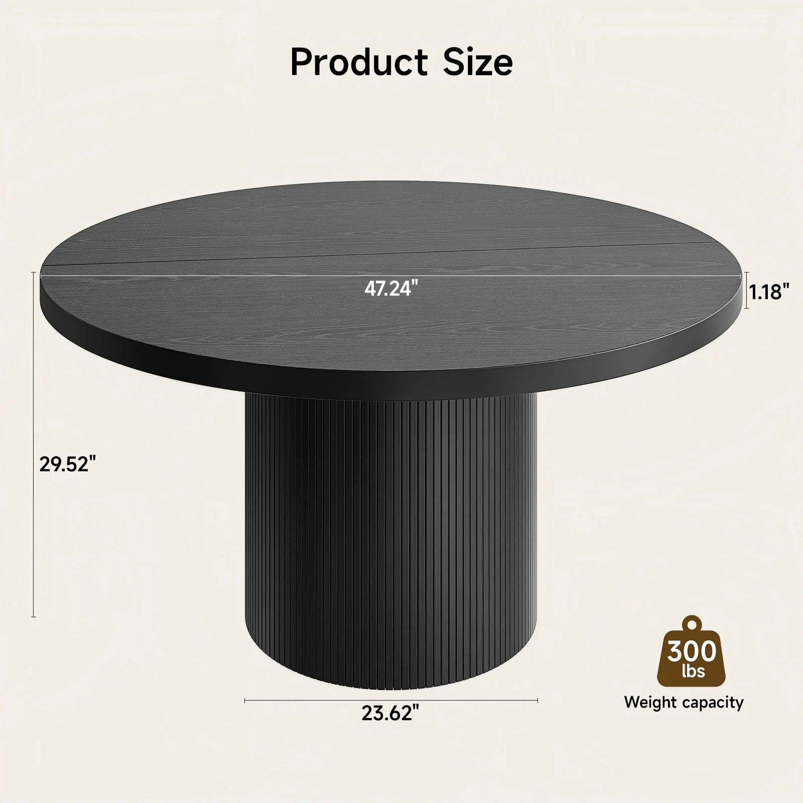Black 47 Inch Round Dining Table For 4, Circle Fluted Kitchen Table Wood, Modern Dinner Tables For Kitchen, Living Room