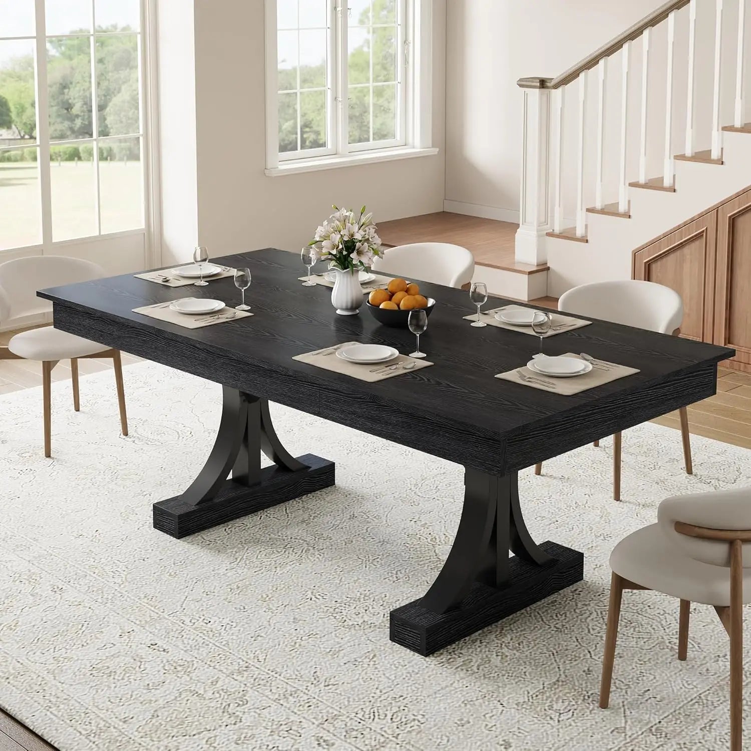 71 Inch Dining Table For 6-8 With 2 Drawers, Industrial Rectangular Wooden Kitchen Table, Double Pedestal Base For Home Office
