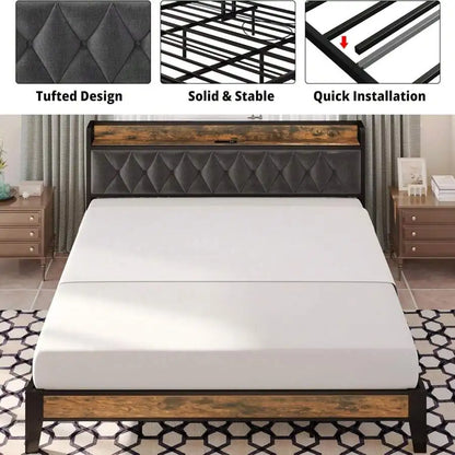 Platform Bed Frame with Storage Headboard and Outlets