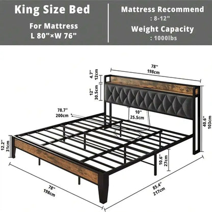 Platform Bed Frame with Storage Headboard and Outlets