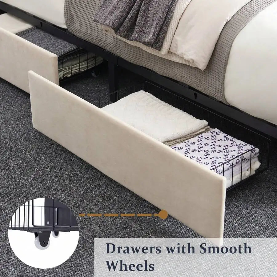 Velvet Upholstered Bed Frame with 4 Storage Drawers