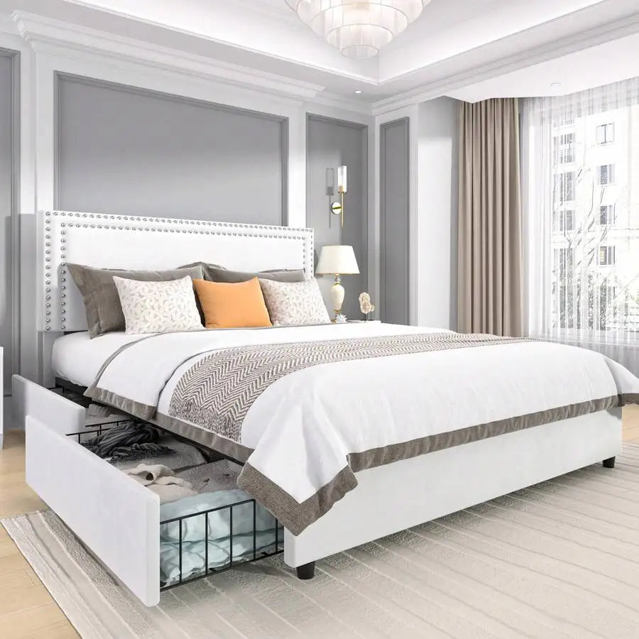 Velvet Upholstered Bed Frame with 4 Storage Drawers