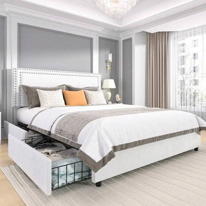 Velvet Upholstered Bed Frame with 4 Storage Drawers