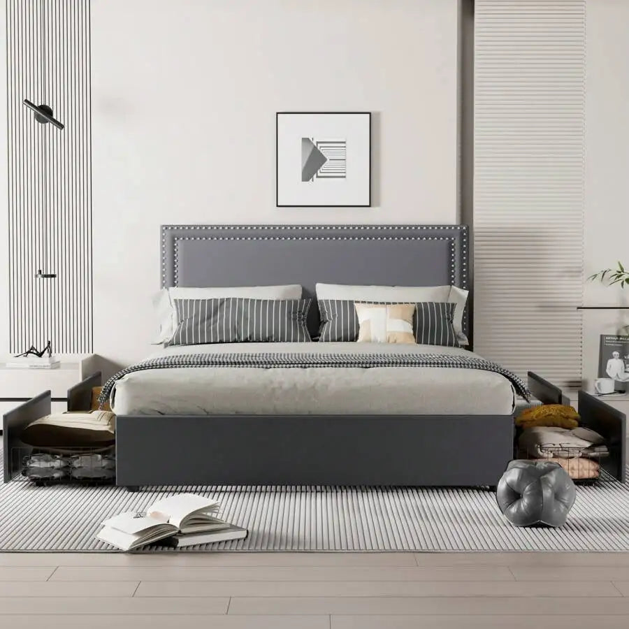 Velvet Upholstered Bed Frame with 4 Storage Drawers