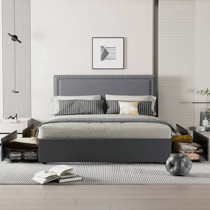 Velvet Upholstered Bed Frame with 4 Storage Drawers
