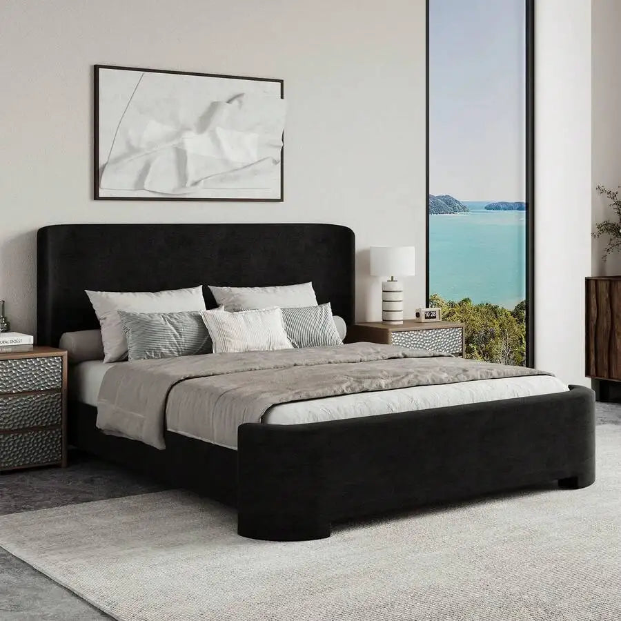 Velvet Wingback Upholstered Platform Bed