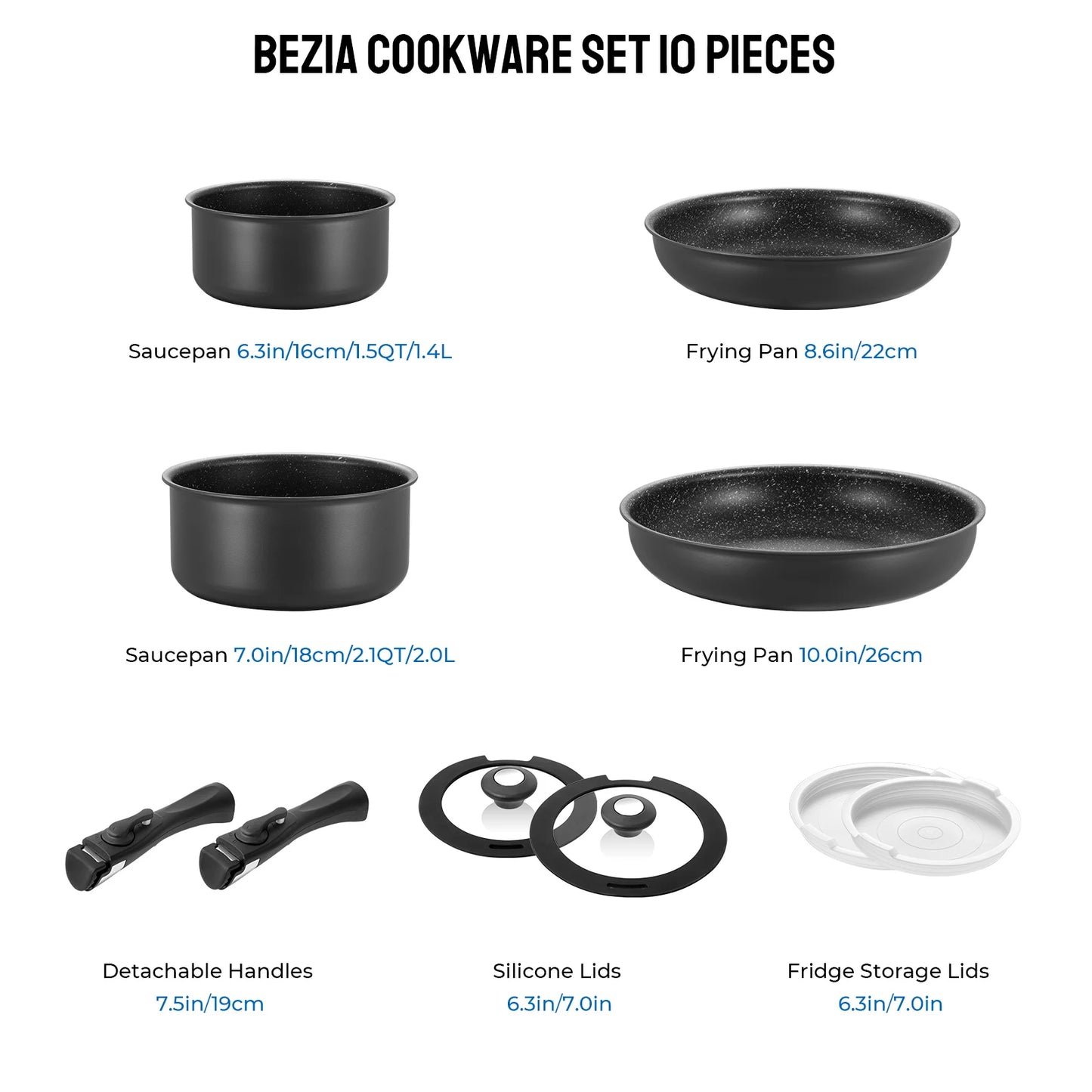10-Piece Nonstick Cookware Set with Removable Handles