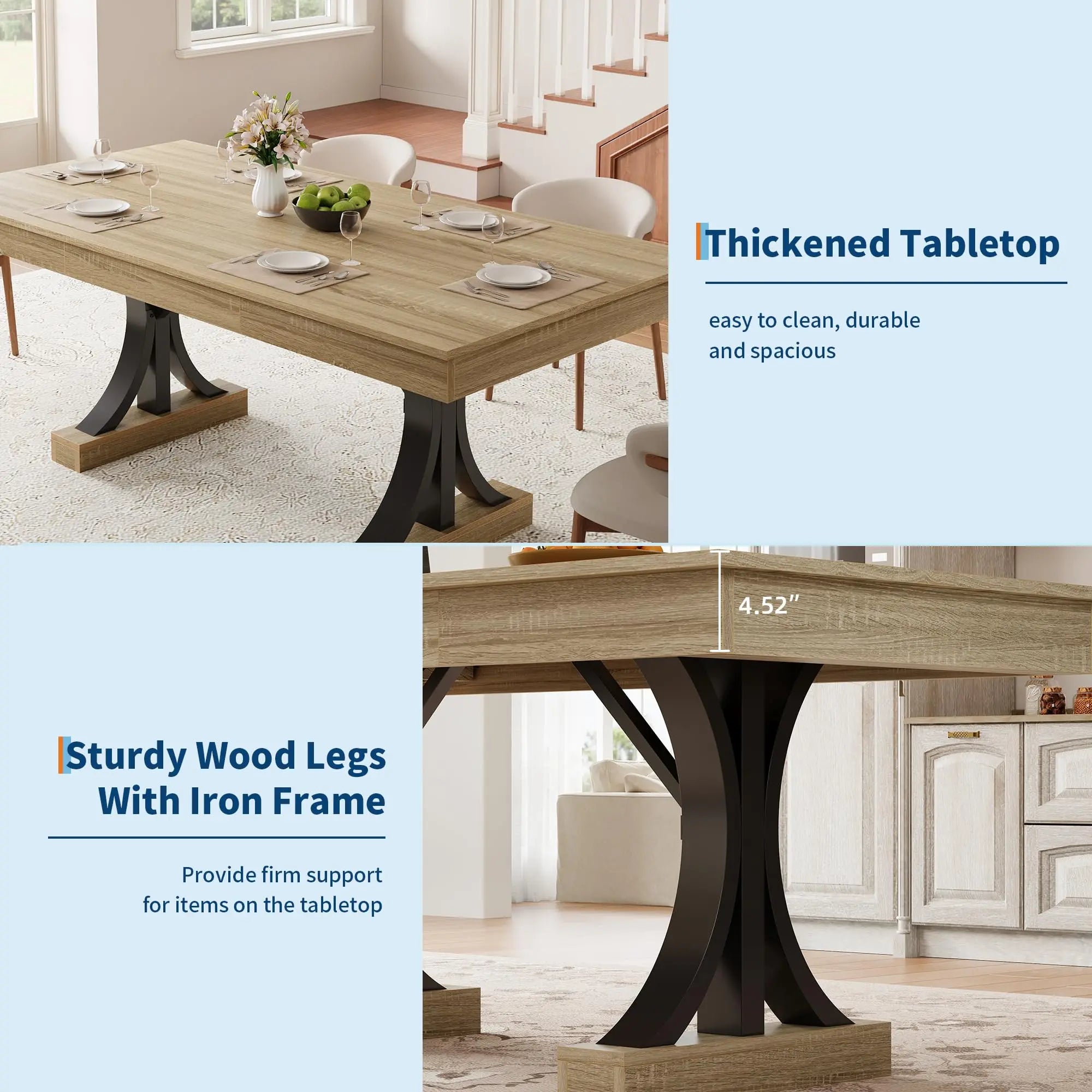 71 Inch Dining Table For 6-8 With 2 Drawers, Industrial Rectangular Wooden Kitchen Table, Double Pedestal Base For Home Office