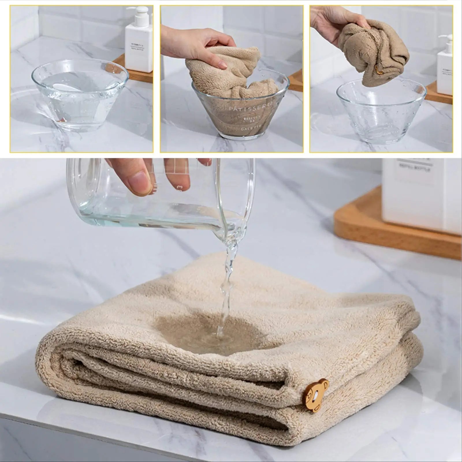 4 pieces set of colorful quick drying hair towels, soft and comfortable, super water absorption, end button desi