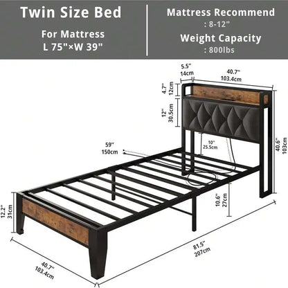 Platform Bed Frame with Storage Headboard and Outlets