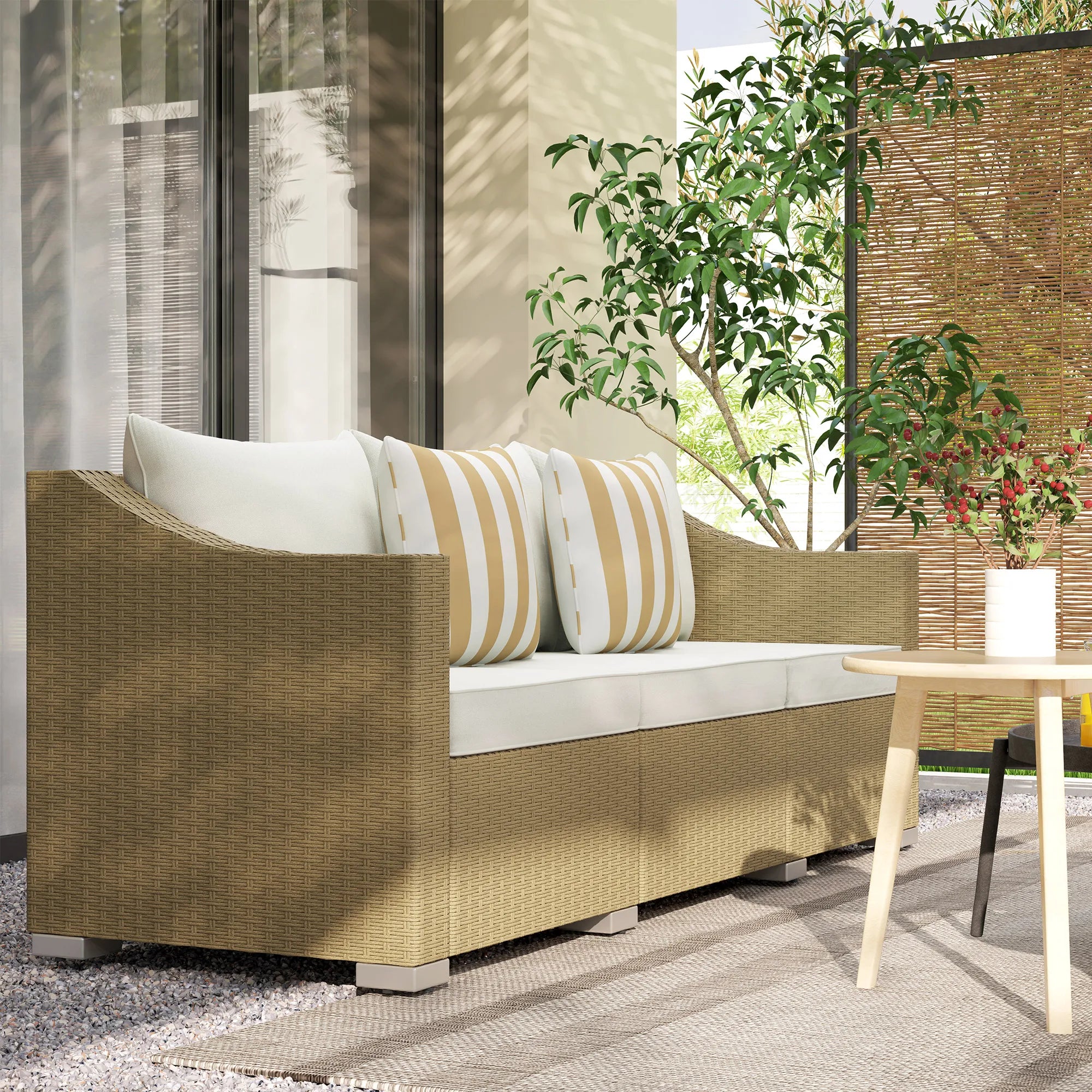 3 Seater Patio Wicker Sofa, Outdoor Furniture Rattan Couch with Cushions, Throw Pillows, for Garden, Backyard, Porch, Cream White