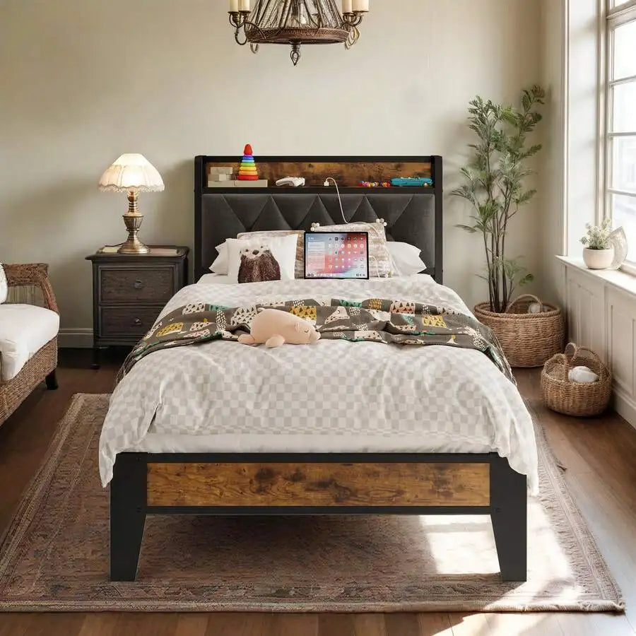 Platform Bed Frame with Storage Headboard and Outlets