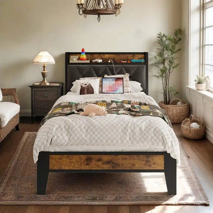 Platform Bed Frame with Storage Headboard and Outlets