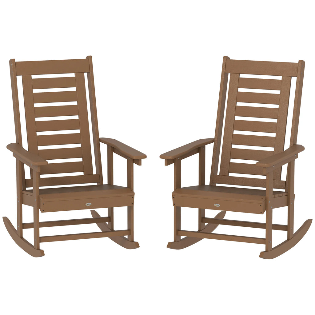 2 Outdoor Rocking Chairs, HDPE High Back Patio Rockers, Brown