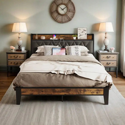 Platform Bed Frame with Storage Headboard and Outlets