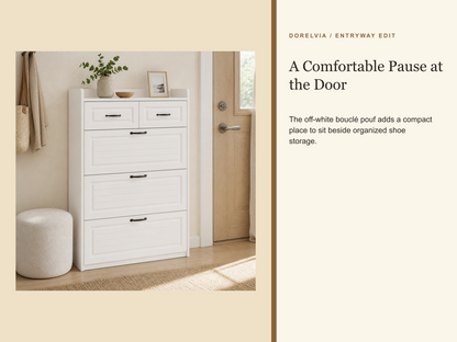 dorelvia entryway cabinet boucle pouf lifestyle