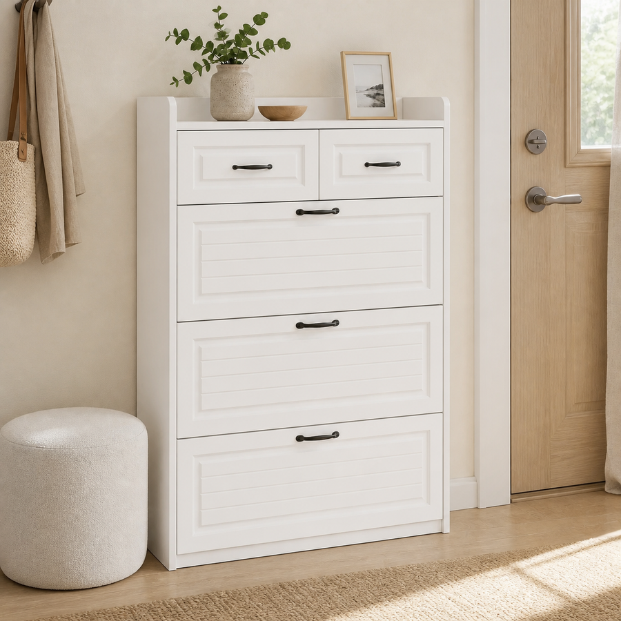 Dorelvia Slim Entryway Shoe Storage Cabinet customer review — dorelvia entryway cabinet review 05 white boucle