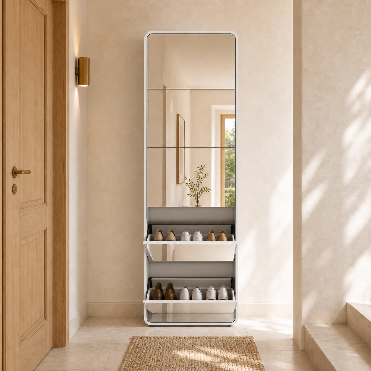 Dorelvia Slim 5 Mirror Shoe Cabinet White with two open drawers