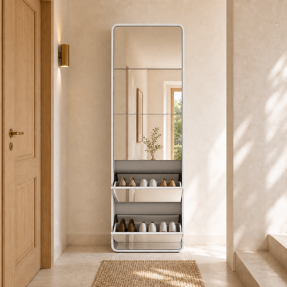 Dorelvia Slim 5 Mirror Shoe Cabinet White with two open drawers