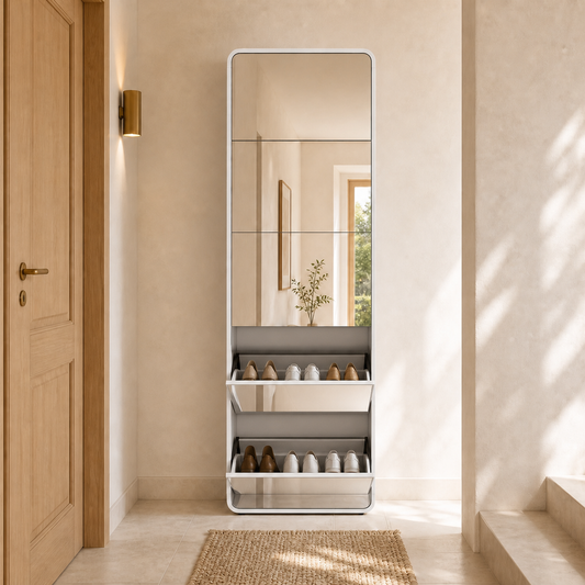 Dorelvia Slim 5 Mirror Shoe Cabinet White with two open drawers