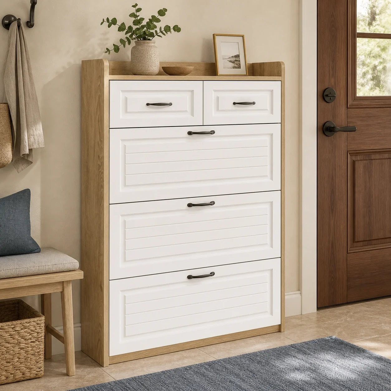 dorelvia slim entryway shoe storage cabinet hero natural wood